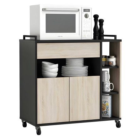 Mueble auxiliar cocina negro y madera con ruedas y estantes abiertos para almacenaje y microondas