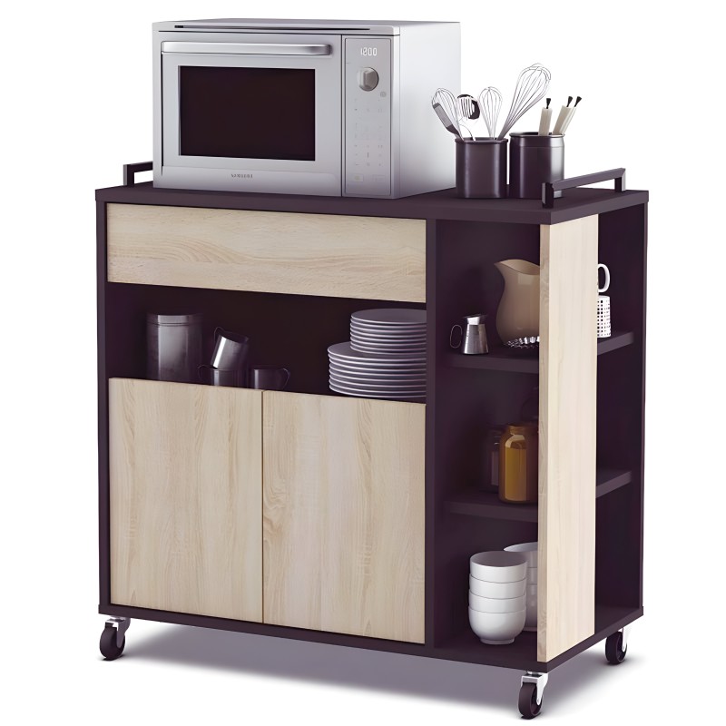 Carrito de cocina bicolor con estructura negra y frentes de madera clara con puertas y estantes abiertos