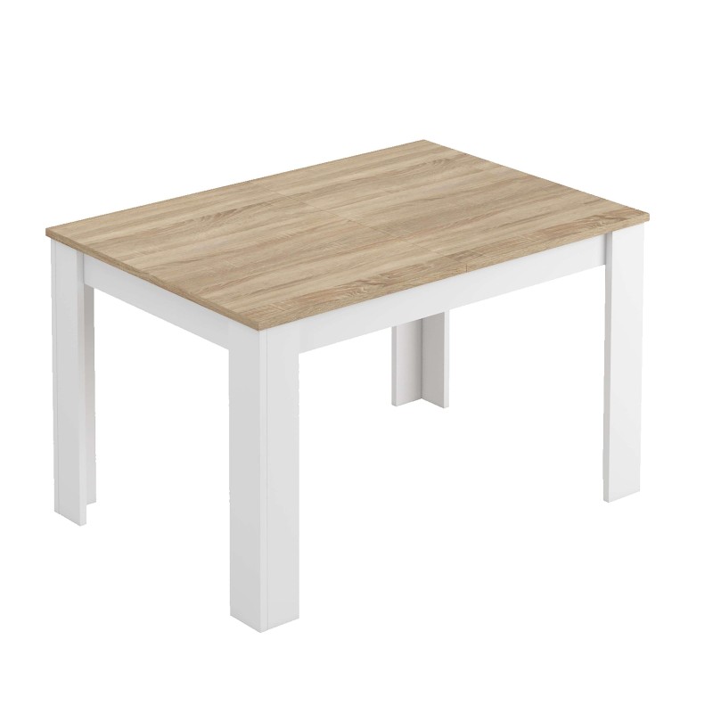 Mesa de comedor rectangular con tablero en tonos claros y estructura blanca