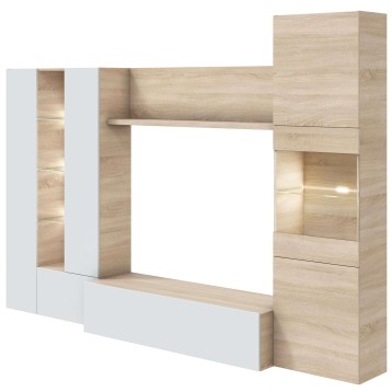 Mueble modular TV en madera clara y blanco con estantes iluminados y espacios abiertos