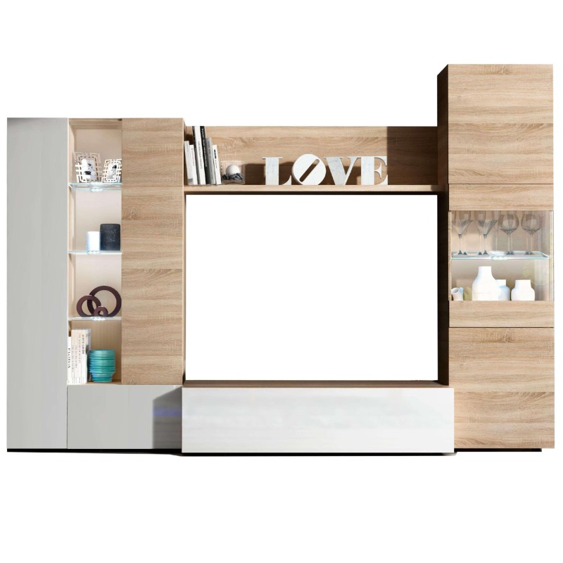 Mueble modular de salón en madera natural y blanco con estantes abiertos y vitrina para tv