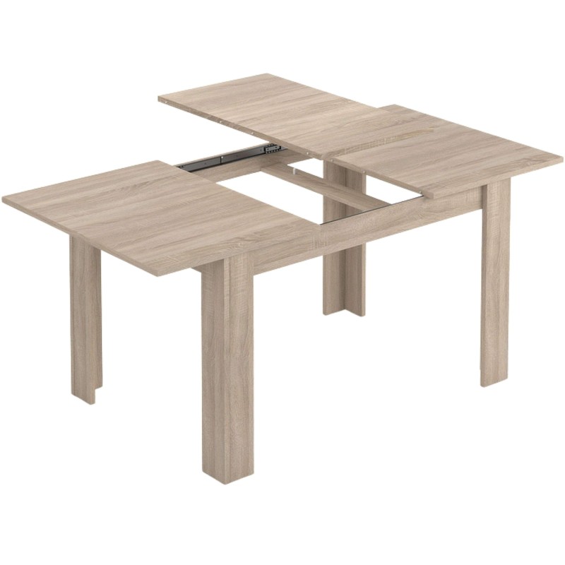 Mesa de comedor extensible en madera clara con tablero desplegable y patas macizas