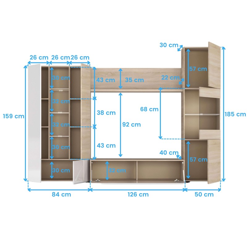 Composición modular de mueble de salón en tonos madera y blanco con estantes y espacios abiertos. Vista de medidas técnicas.