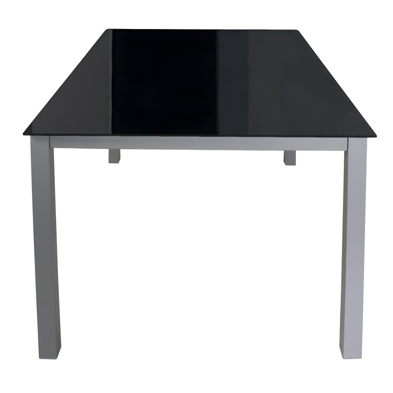 Mesa de comedor rectangular con cubierta negra y patas grises