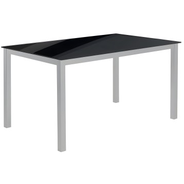Mesa de comedor rectangular con tablero negro y estructura de patas grises