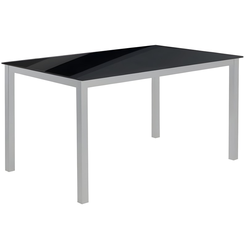 Mesa de comedor rectangular con tablero negro y estructura de patas grises