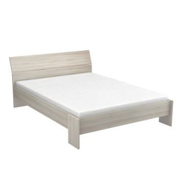 Cama de madera clara con cabecero y colchón blanco vista frontal