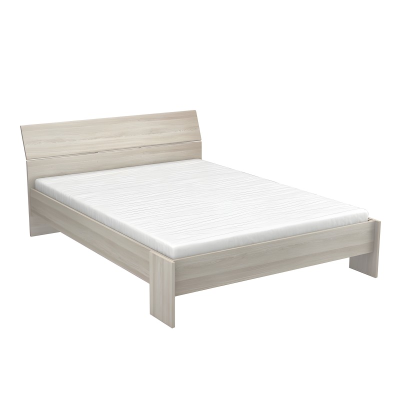 Cama de madera clara con cabecero y colchón blanco vista frontal