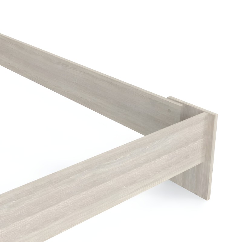 Estructura de cama de madera clara con diseño moderno y perfil rectangular visto en perspectiva