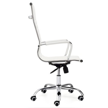 Silla de oficina ejecutiva con respaldo alto blanco y estructura cromada con ruedas giratorias