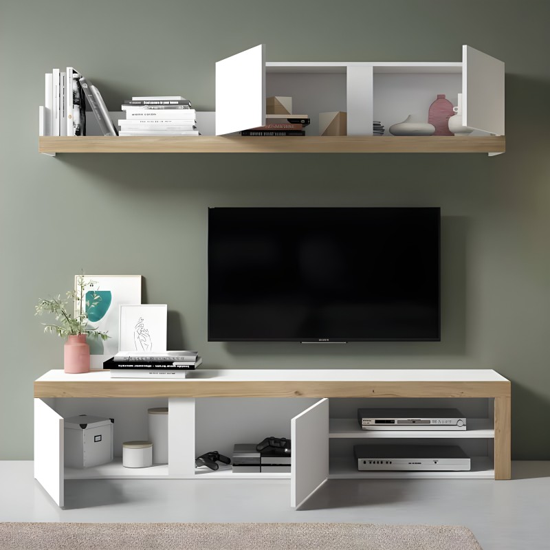 Mueble TV modular con estante flotante superior y mueble base blanco y madera con compartimentos abiertos y cerrados