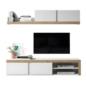 Mueble TV modular con estantes de madera y puertas blancas para televisor y equipos audiovisuales