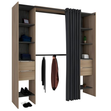 Armario abierto madera natural y negro con estantes y barras de ropa cortina gris antracita