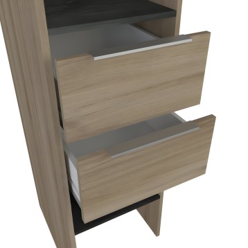 Armario con estructura en madera clara y dos cajones extraíbles de madera con guías metálicas y detalles en negro