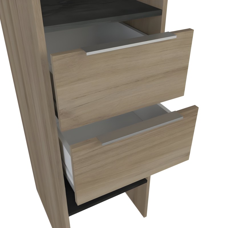 Armario con estructura en madera clara y dos cajones extraíbles de madera con guías metálicas y detalles en negro