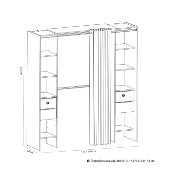 Armario modular tipo dressing con barras de ropa central y estantes laterales con cajones