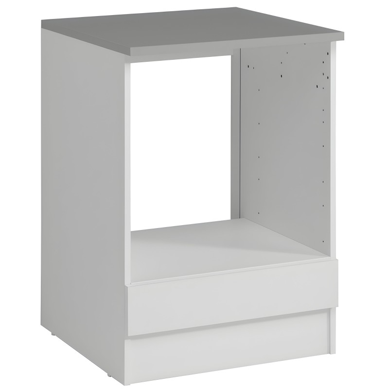 Mueble base para horno empotrado blanco y gris con cajones y hueco abierto central