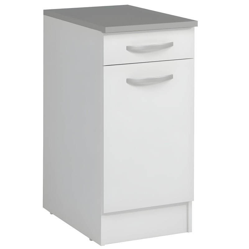 Mueble bajo de cocina blanco con encimera gris y dos cajones con asas metálicas