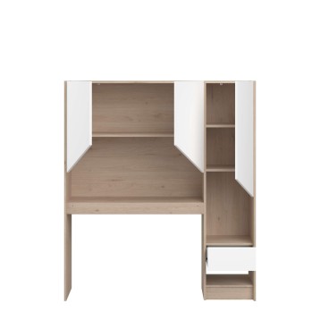 Cama individual de madera clara con dosel y estantería lateral integrada en blanco y natural