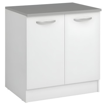 Mueble bajo de cocina blanco con encimera gris y dos puertas con tiradores metálicos