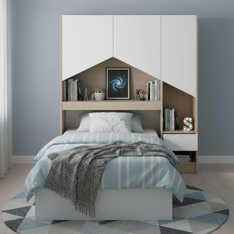 Cama individual con cabecero integrado forma de casa y almacenamiento en madera clara y blanco