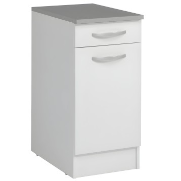 Mueble base de cocina blanco con encimera gris y dos cajones con tirador plateado