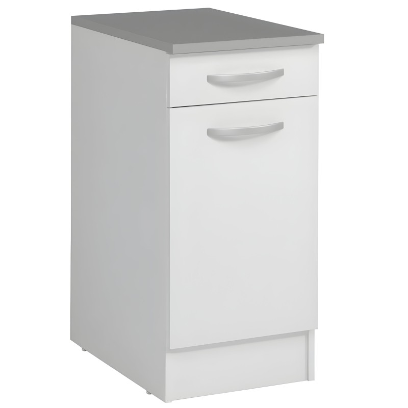 Mueble base de cocina blanco con encimera gris y dos cajones con tirador plateado