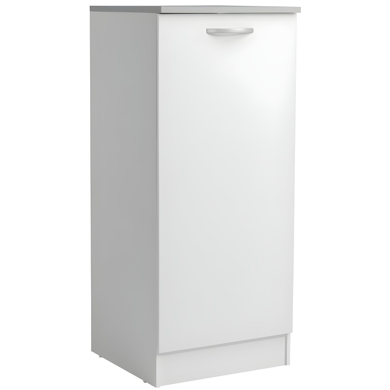 Mueble base de cocina blanco con puerta y tirador plateado vista frontal