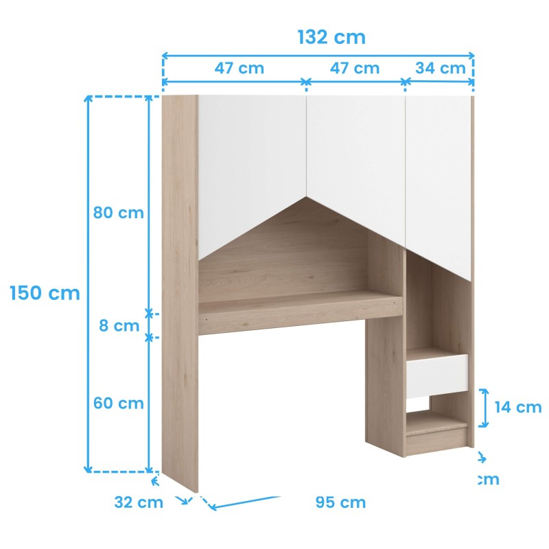 Cama alta de madera clara con escritorio integrado y compartimentos de almacenamiento lateral en blanco