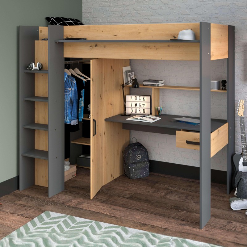 Cama alta loft en madera natural y estructura gris con escritorio integrado y armario inferior en ambiente de dormitorio