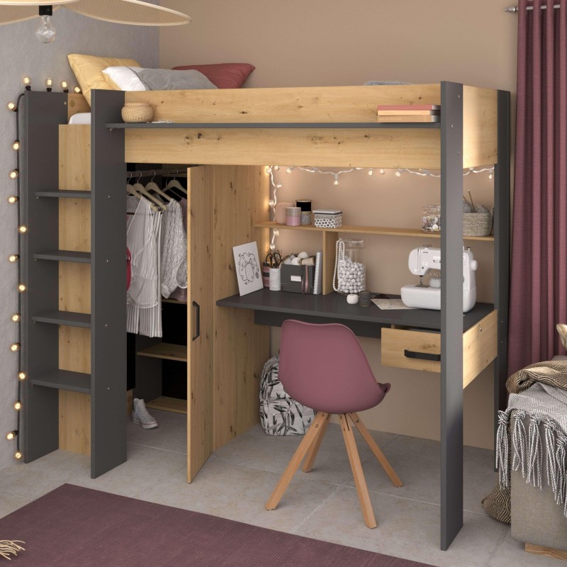 Cama alta infantil en madera natural y gris antracita con escritorio integrado y armario. Vista general de dormitorio