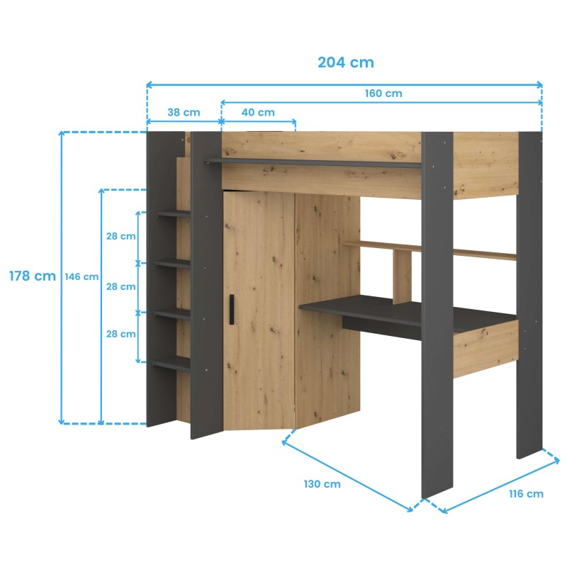 Cama alta de madera y metal antracita con escritorio integrado y armario lateral inferior con estantes