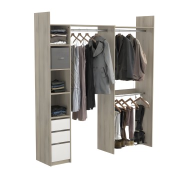 Armario vestidor modular en madera clara con estantes y barras de colgar ropa para abrigos y prendas