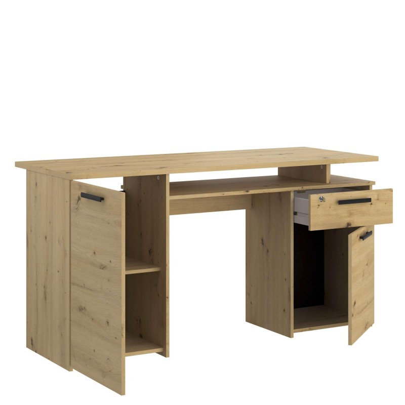 Escritorio de madera clara con cajones y puertas abatibles que ofrecen almacenamiento