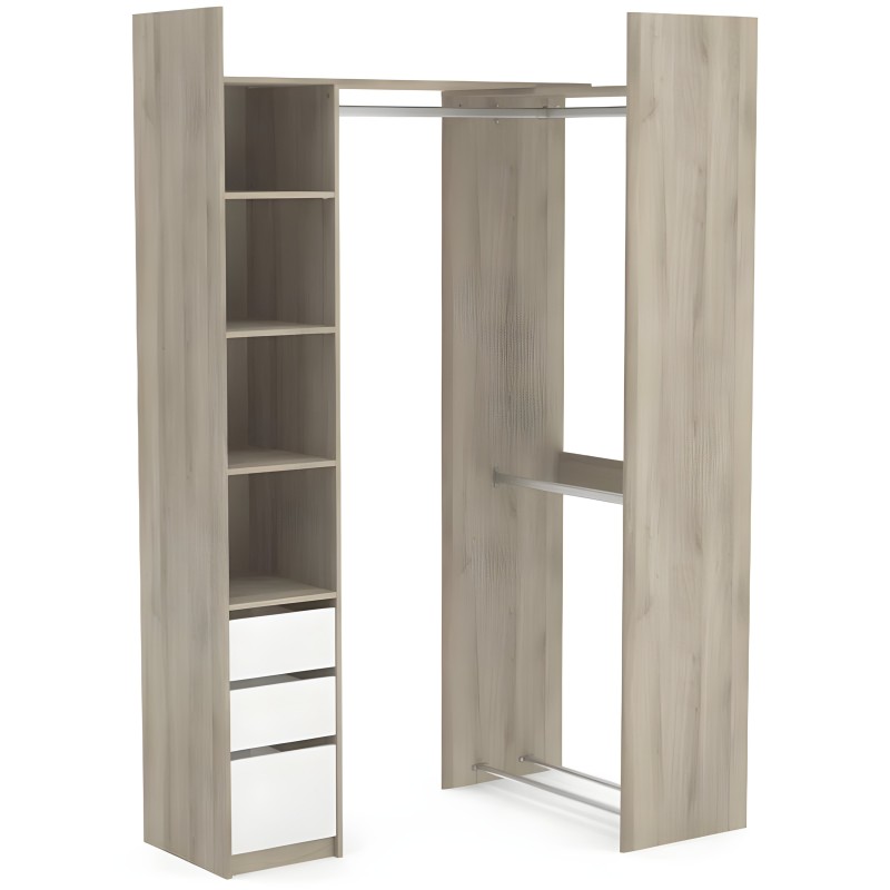 Closet modular en madera clara con estantes abiertos y barras para colgar ropa con cajones blancos inferiores