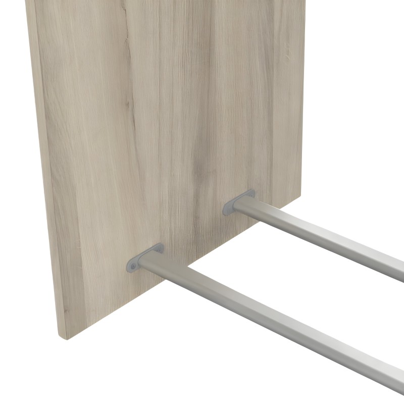 Panel de madera clara con textura veta natural y estructura metálica gris detalle de ensamblaje