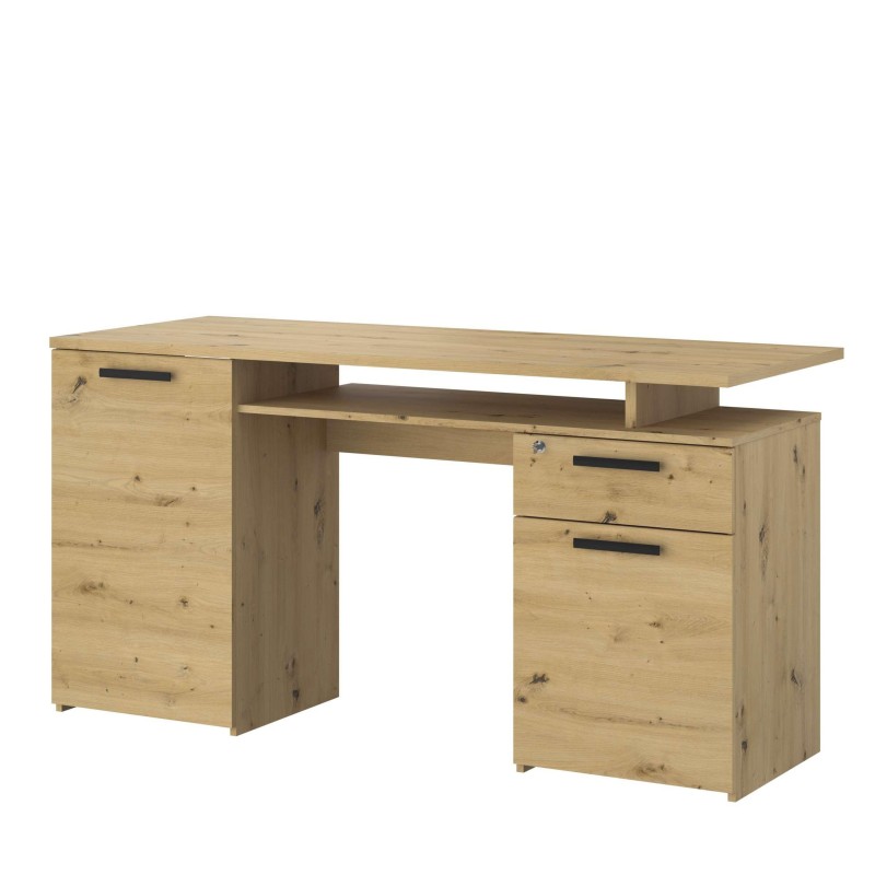Escritorio de madera clara con cajones y compartimentos abiertos y tiradores negros metálicos