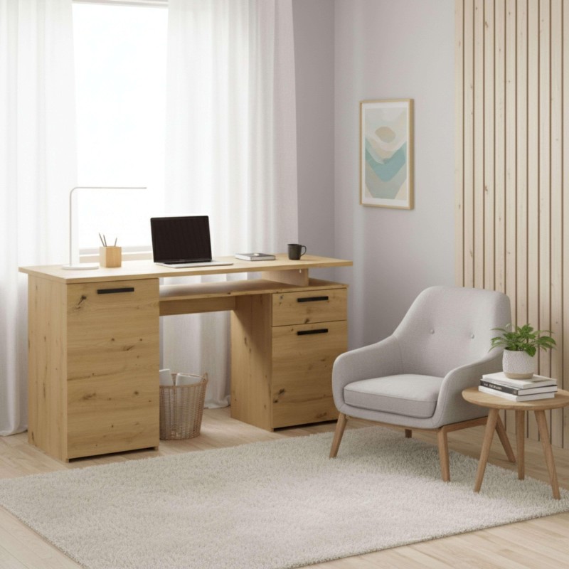Escritorio de madera clara con cajones y superficie blanca en ambiente de oficina junto a sillón gris