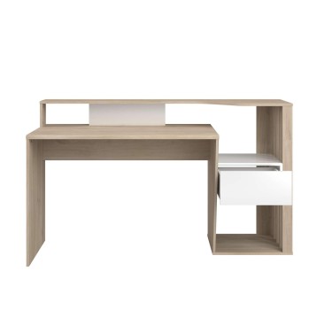 Escritorio con estantes y cajón blanco en madera clara y estructura modular con compartimentos abiertos