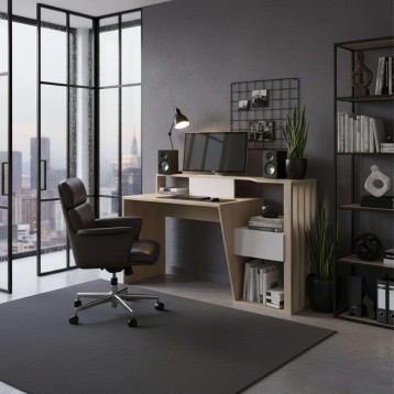 Escritorio de madera y blanco con estantes integrados y silla de oficina negra en ambiente de trabajo moderno