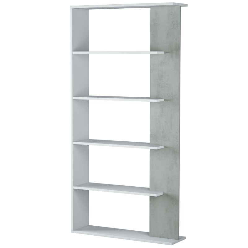 Estantería vertical de hormigón y blanco con seis estantes abiertos y estructura lateral