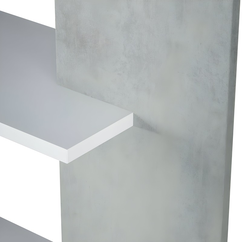 Estantería flotante blanca con panel trasero gris texturizado y repisa de almacenamiento modular