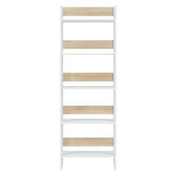Estantería de 6 niveles con estructura blanca y estantes de madera clara alternados