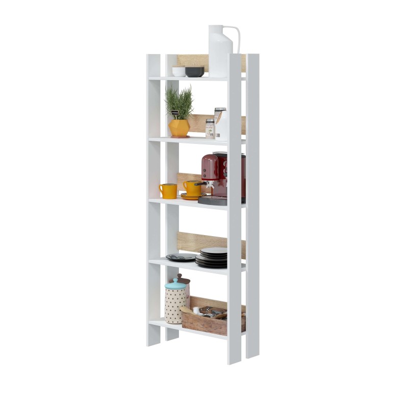 Estantería alta blanca con estantes de madera natural y laterales abiertos decorada con plantas y objetos de cocina
