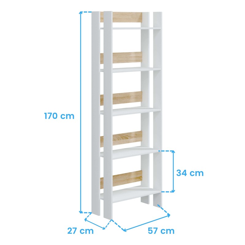 Estantería alta de madera y blanca con seis estantes y estructura abierta de diseño moderno