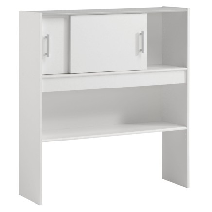 Cabecero de cama de 90 blanco con puertas correderas y compartimentos abiertos para almacenaje