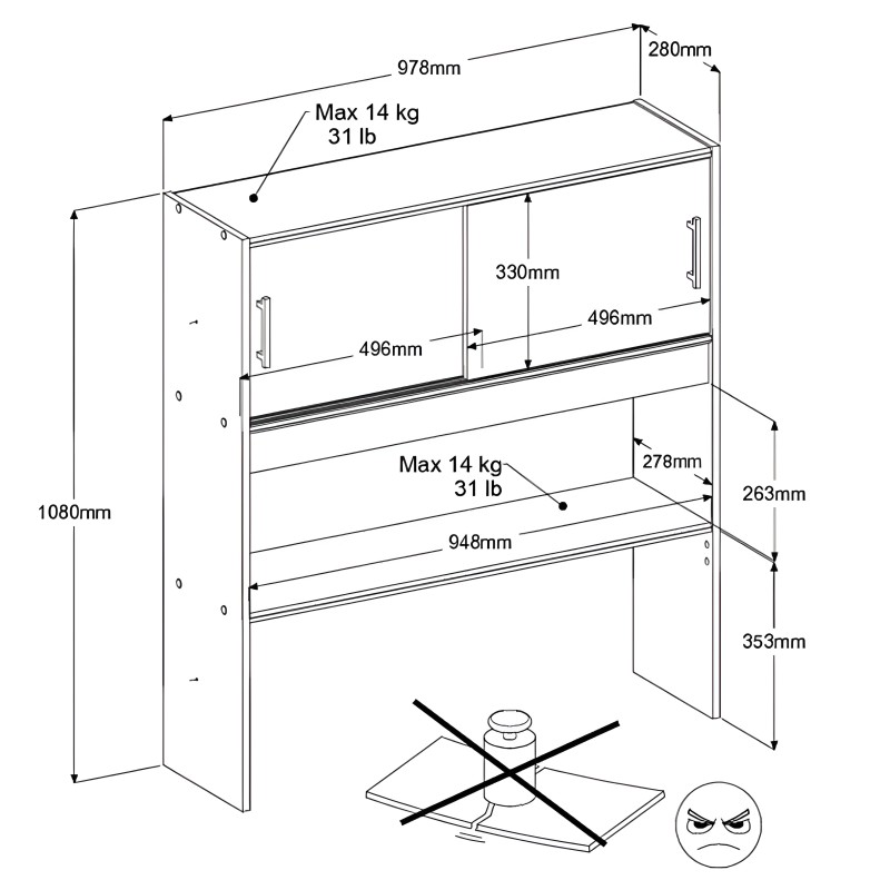 Cabecero de cama de 90 blanco con puertas correderas y estantes ajustables vista en perspectiva isométrica