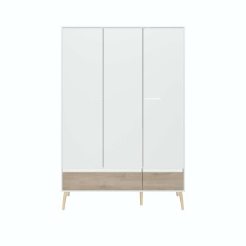 Armario de tres puertas blanco y madera natural con patas de madera y marco metálico