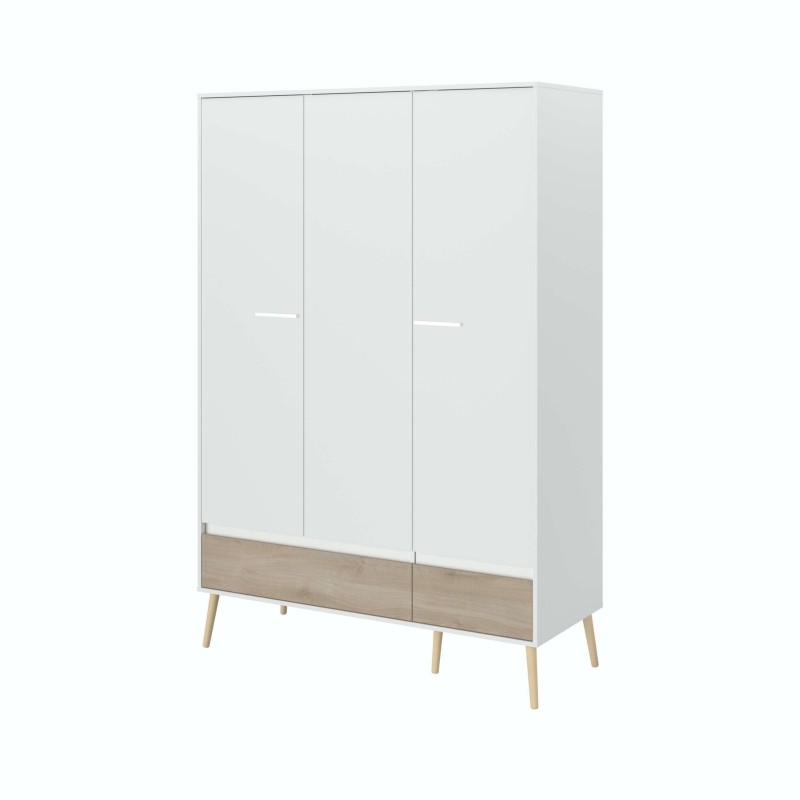 Armario de tres puertas blanco y madera con patas de madera natural y tiradores metálicos