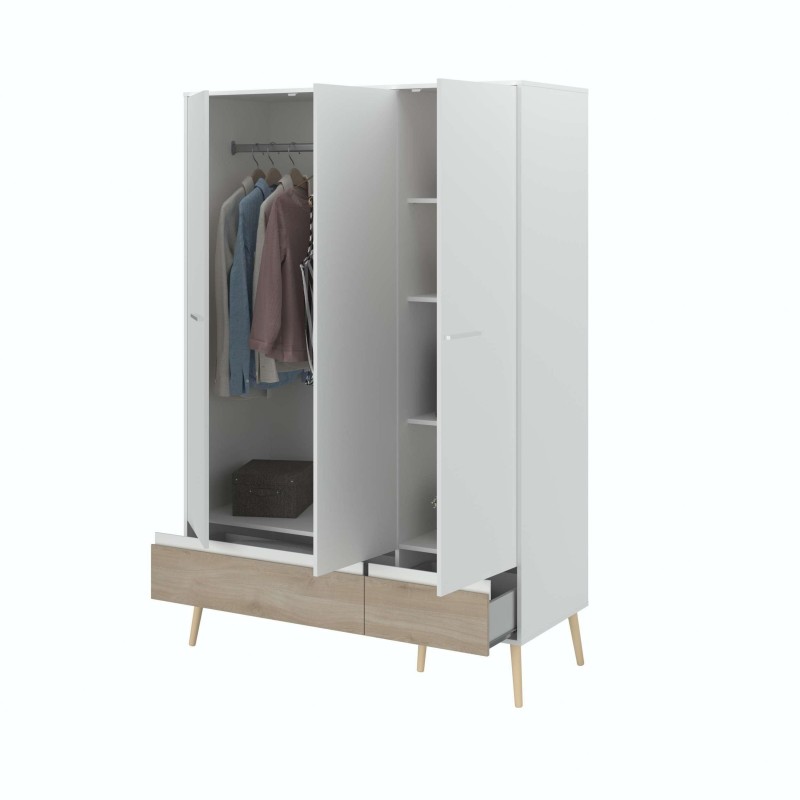 Armario blanco y madera con puertas correderas y estantes abiertos mostrando interior con barra para colgar ropa
